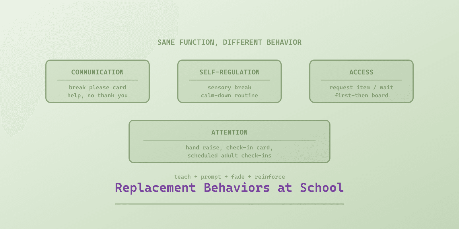 Illustrated cover for 'Replacement Behaviors for Autism at School', a Spectrum Unlocked Education guide