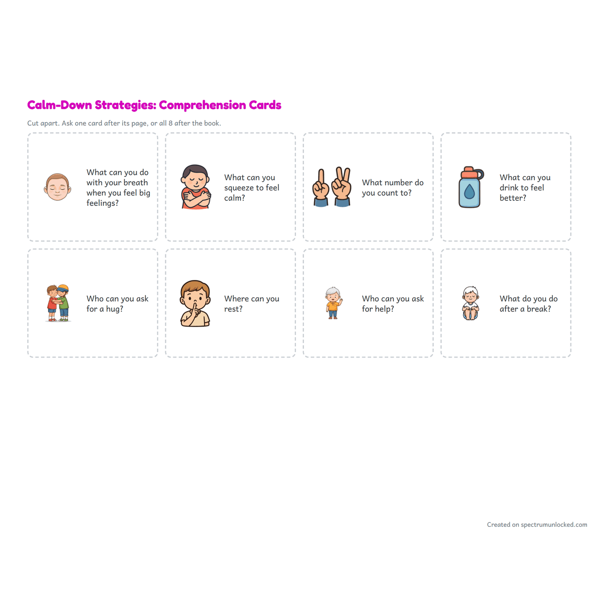 Comprehension card sheet with one question per page from the Adapted Book Complete Set