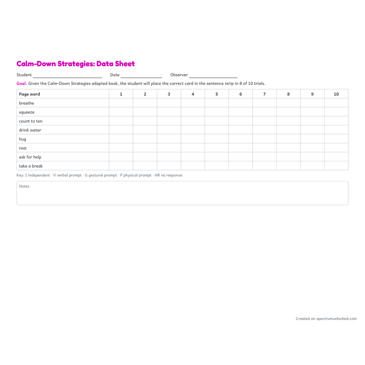 Data sheet with ten trial columns and a prompt key from the Adapted Book Complete Set
