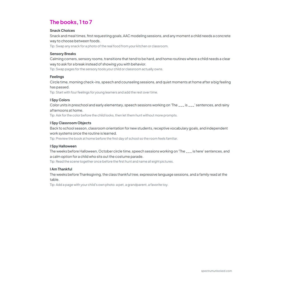 Teacher guide page listing when to use each of the fourteen books in the Adapted Book Complete Set