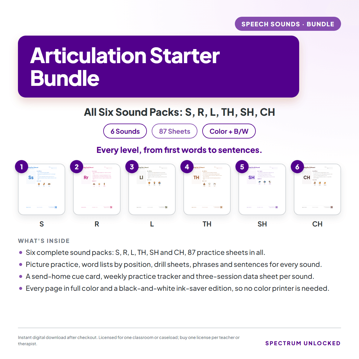 Articulation Starter Bundle cover showing the six speech sound packs