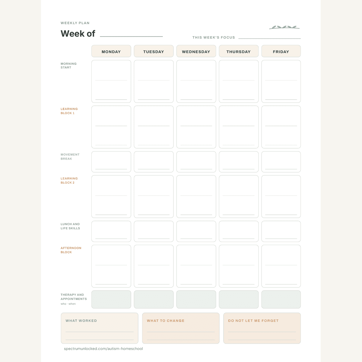 Weekly plan page with pre-written blocks and a therapy band