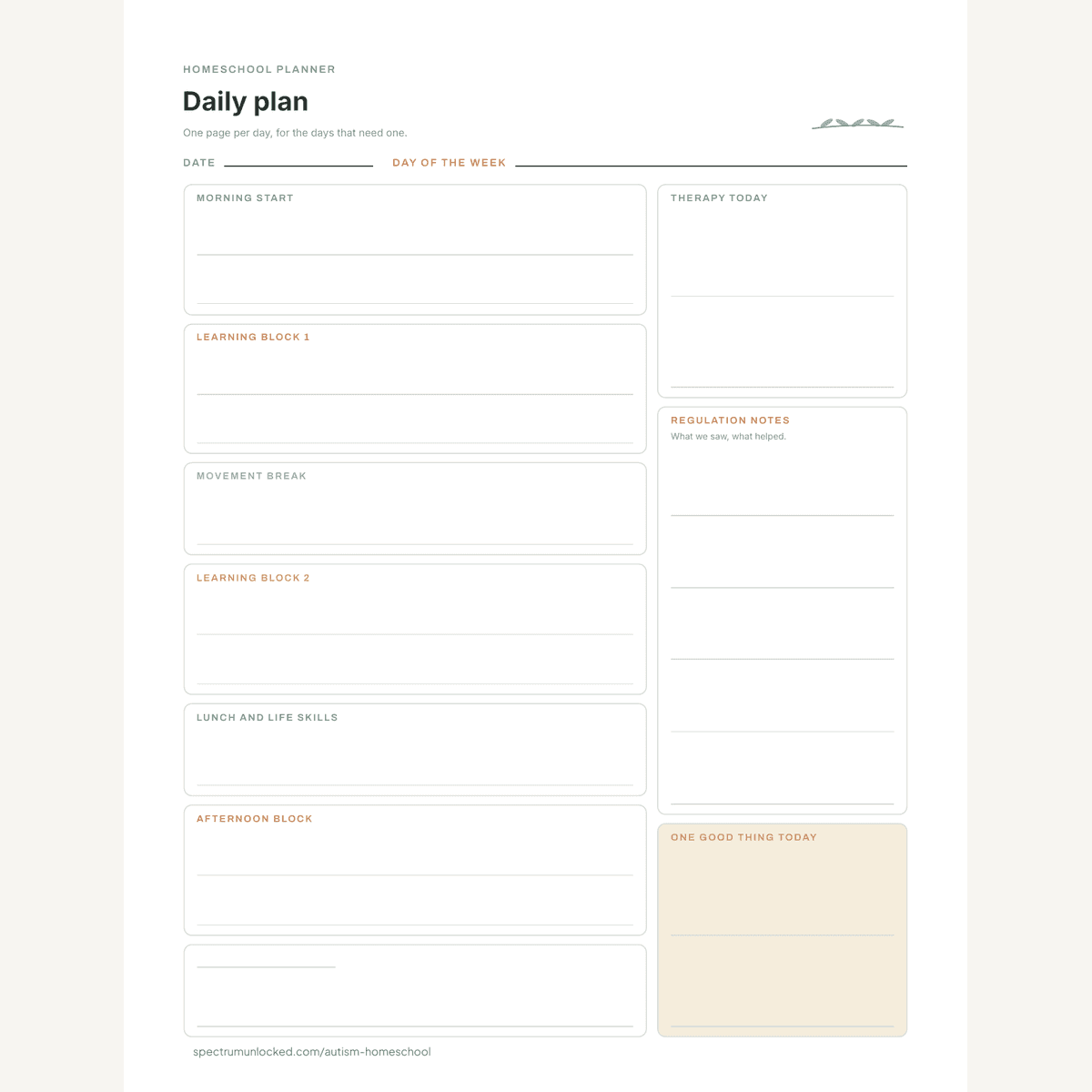 Daily plan page with regulation notes and a One Good Thing box