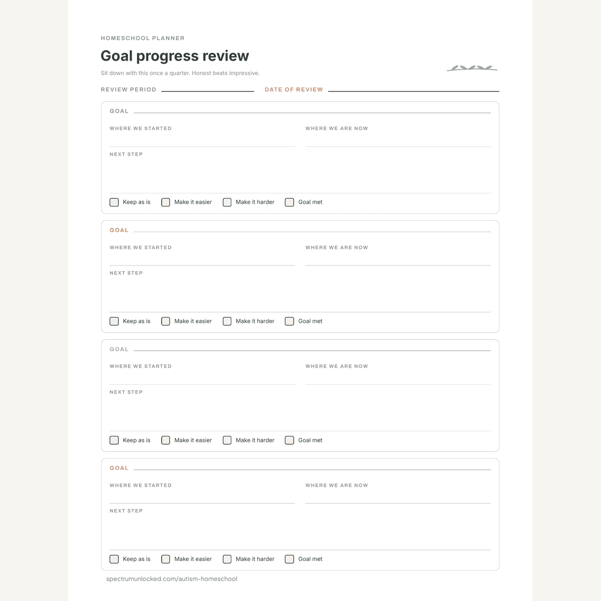 Goal progress review page with quarterly checkboxes