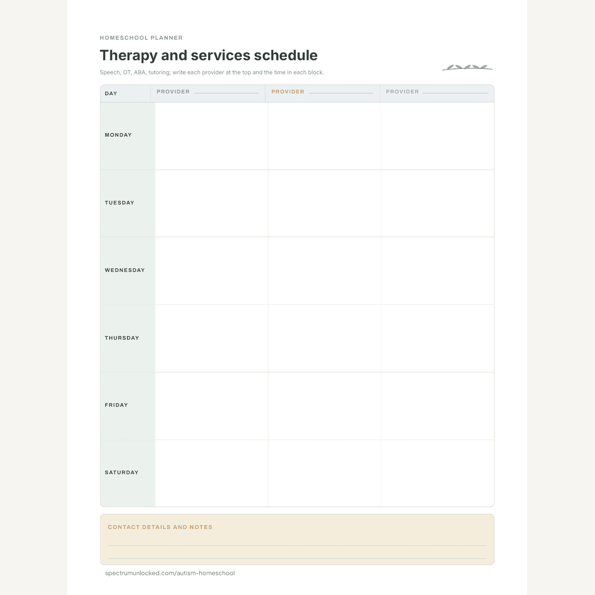 Therapy and services schedule with a column per provider