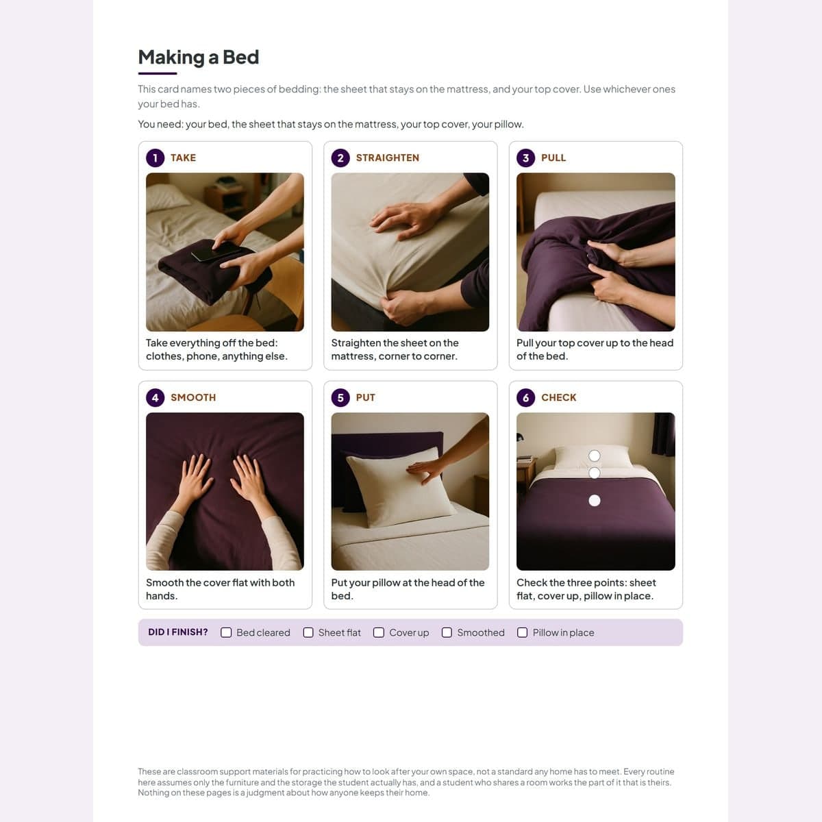 The bed-making chain printed as visual steps, ending on the three-point check