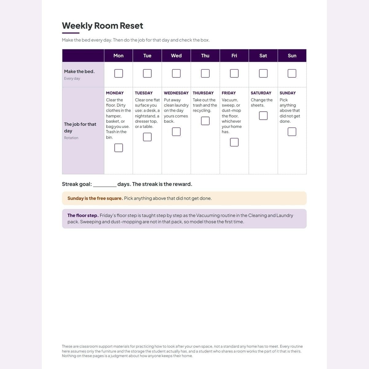 The weekly room reset grid, seven columns with the daily bed row above the rotation