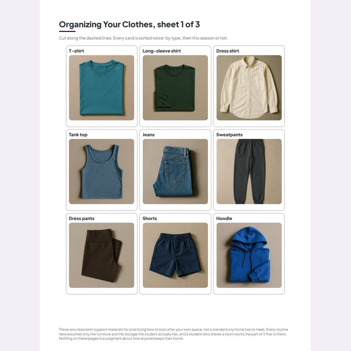 A sheet of photo cards from the clothes sort, one garment on each card