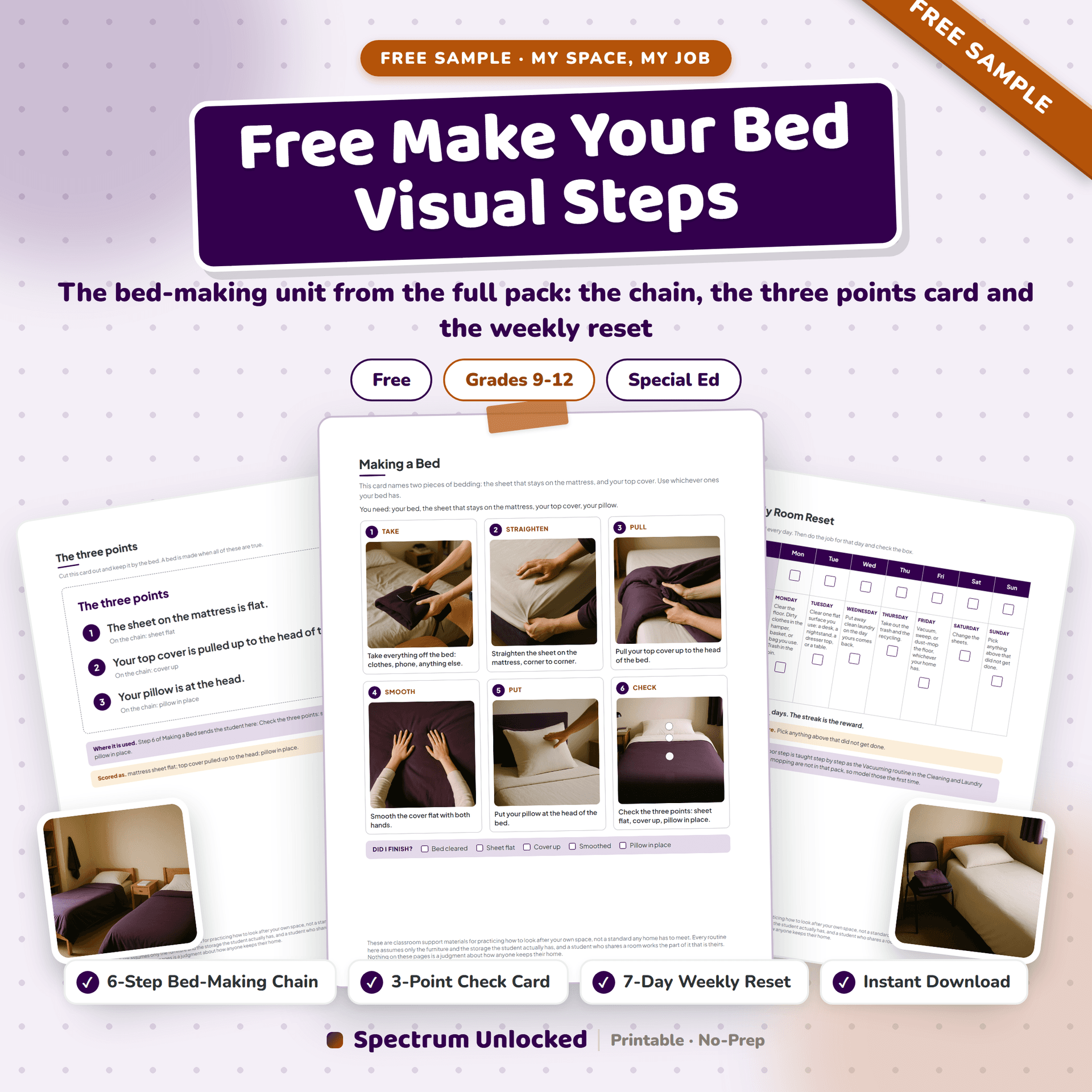 Free Make Your Bed Visual Steps sample cover, showing the bed-making chain and the three-points card