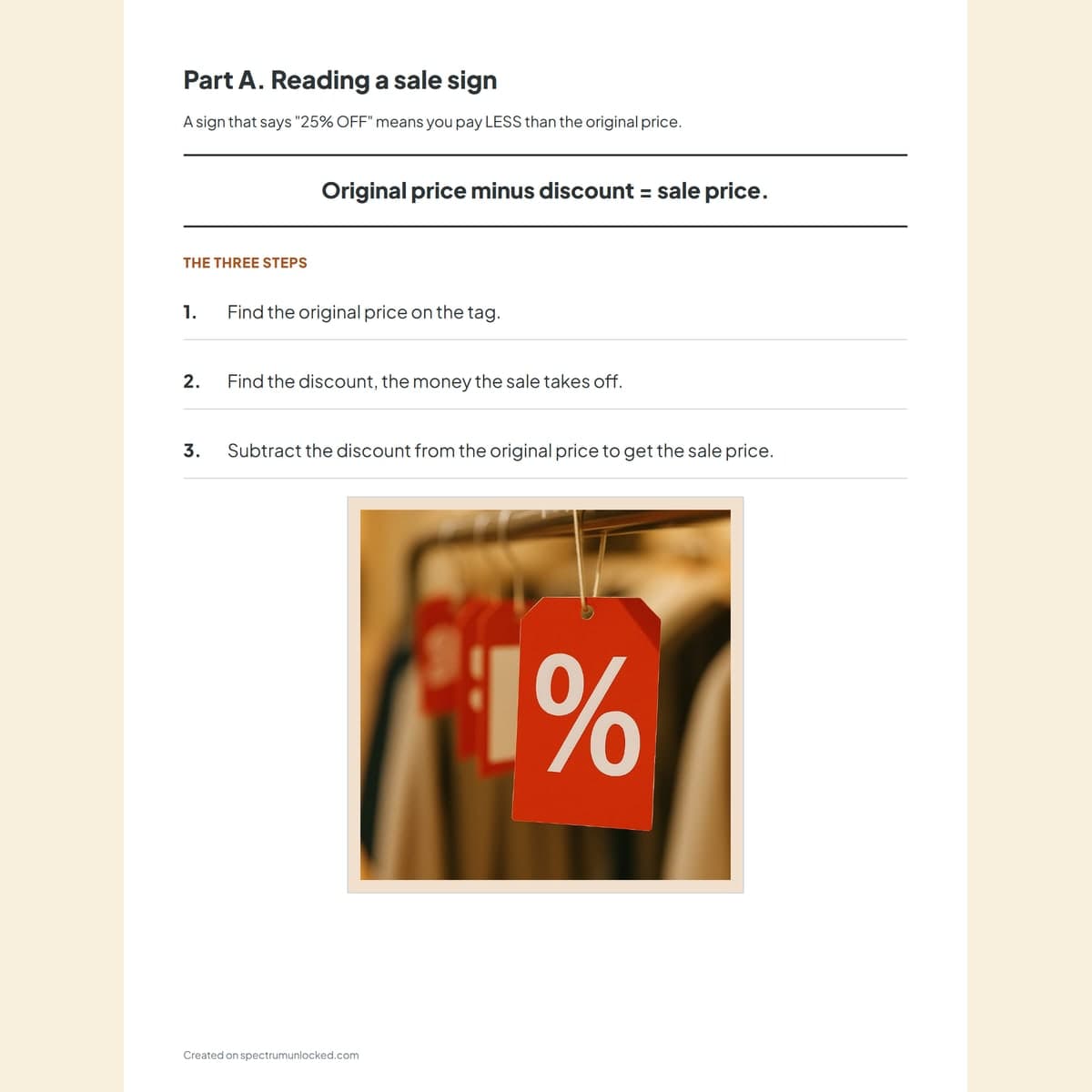 The read-a-sale-sign lesson and the percent-off worked examples