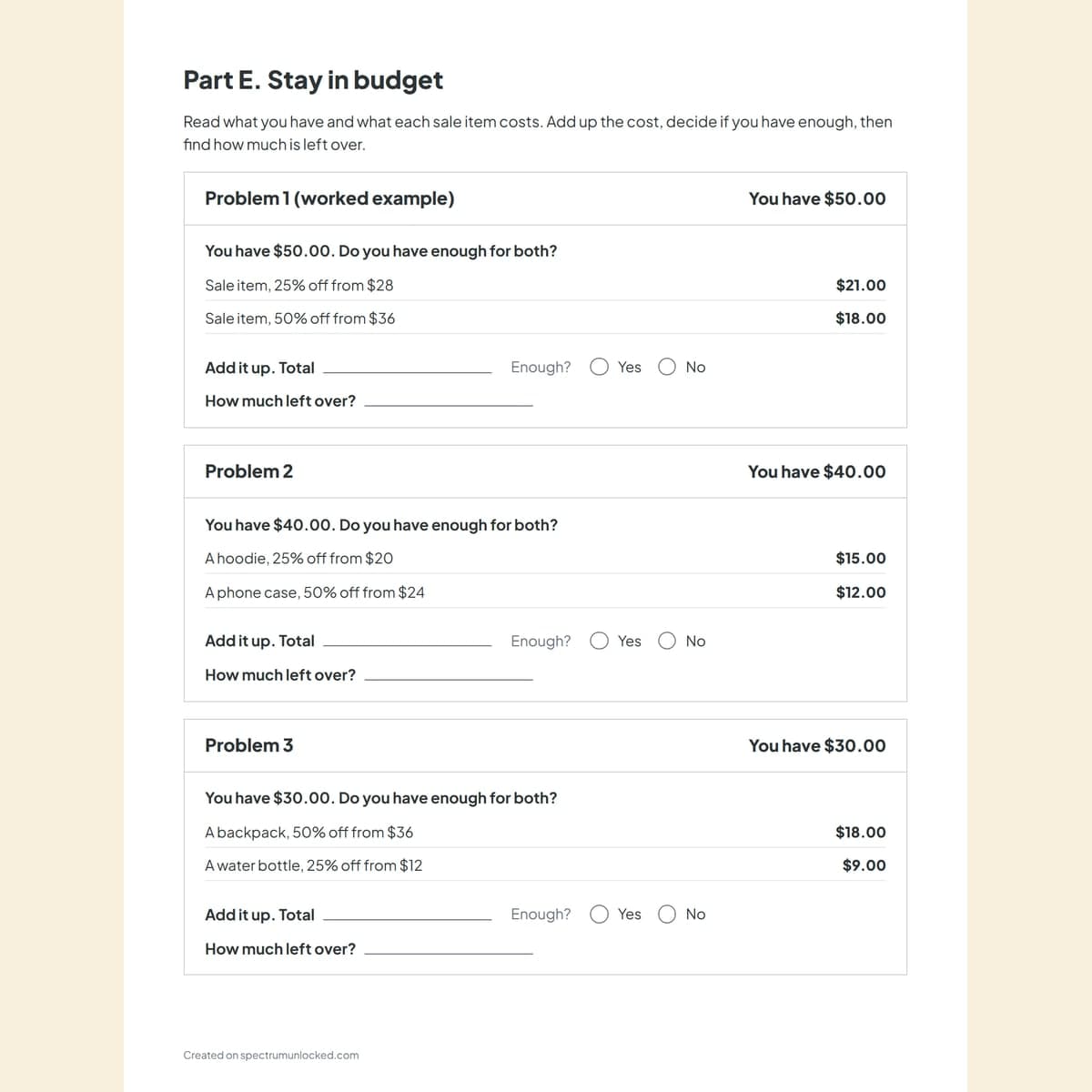 The stay-in-budget word problems and the reusable data sheet