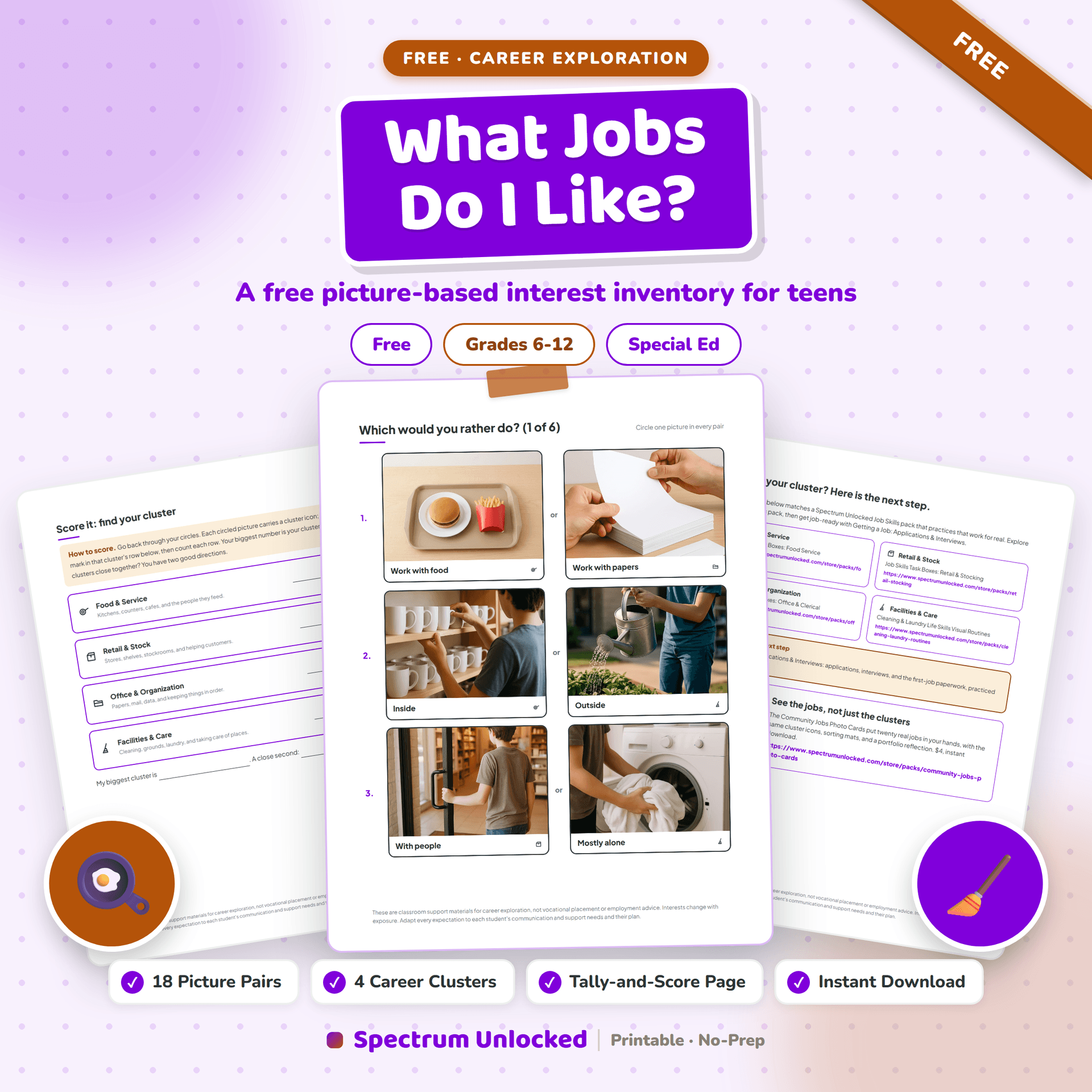 What Jobs Do I Like? free career interest inventory cover with a sample picture pair