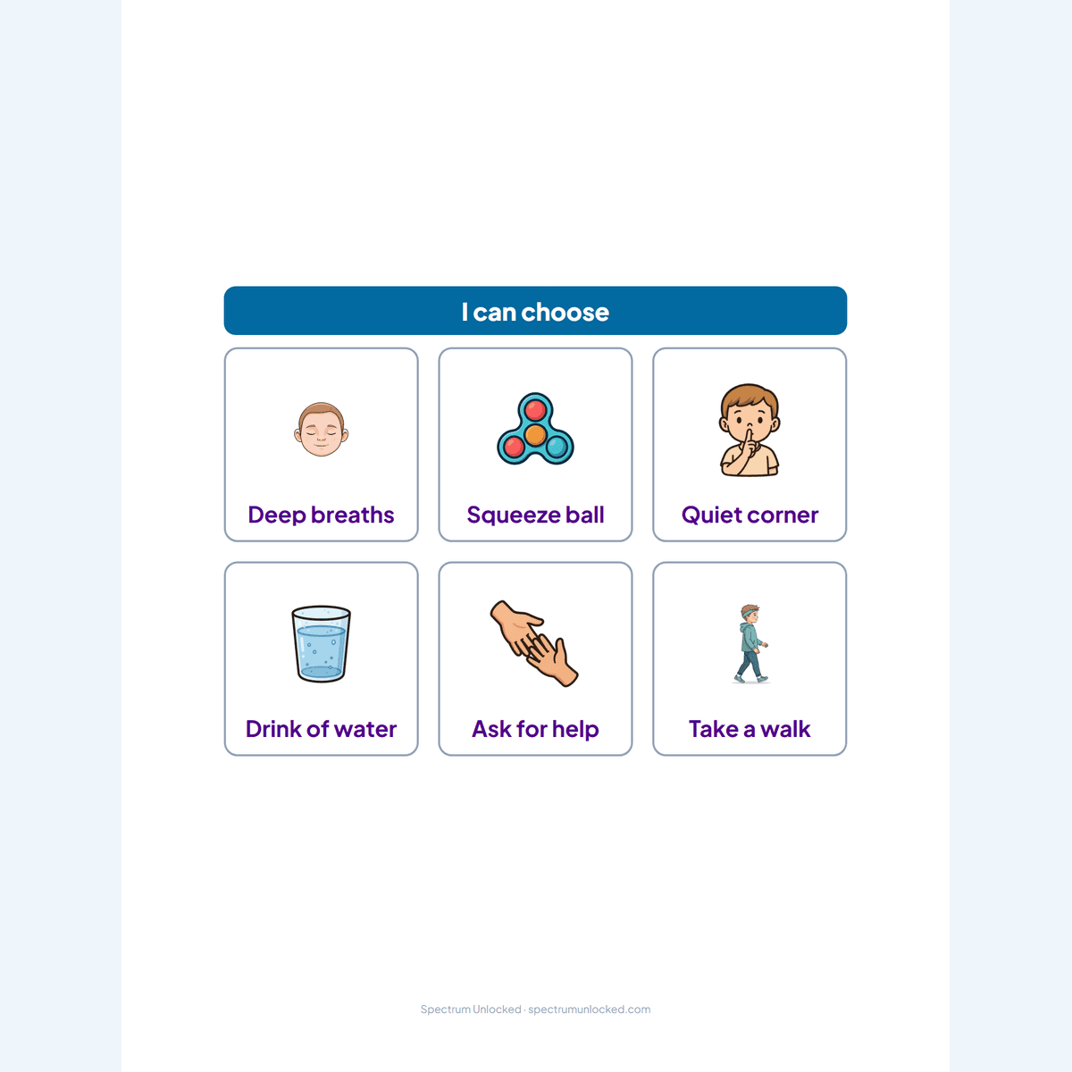 Calm-down choice board with six picture options, included in the free sample