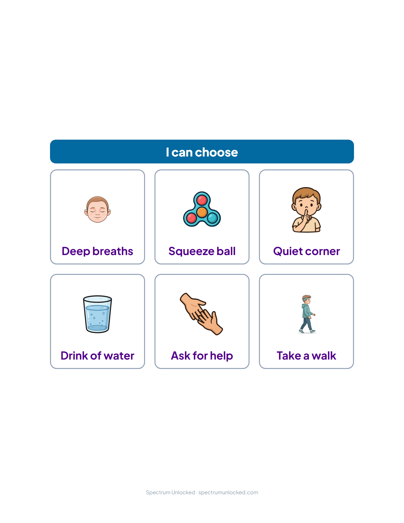 Calm-down choice board with six picture options, included in the free sample