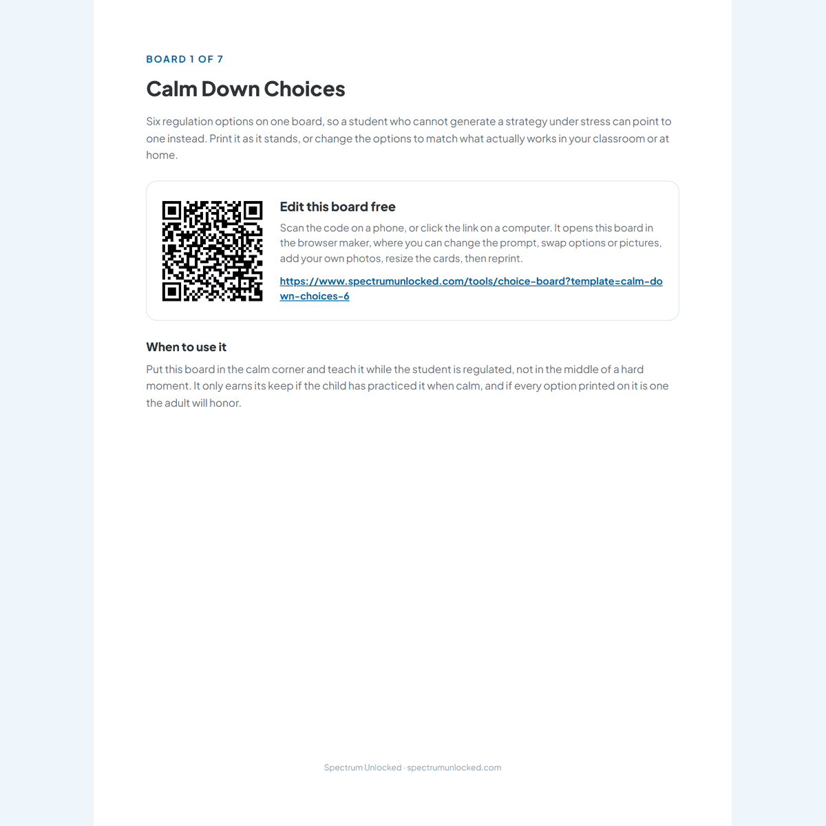 Setup guide with editable links and QR codes in the Choice Board Kit