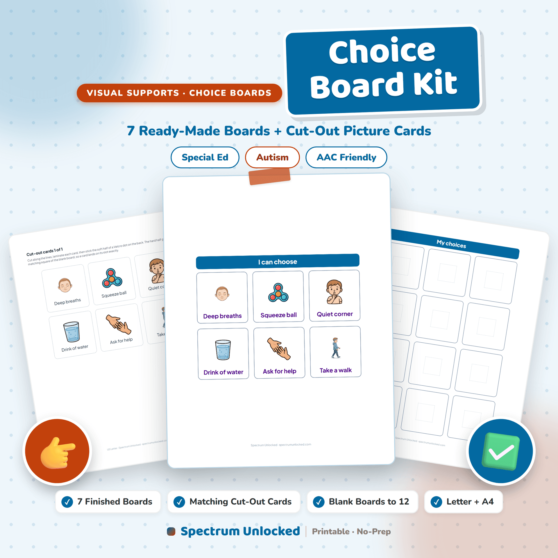 Choice Board Kit cover showing printable autism choice boards and picture cards