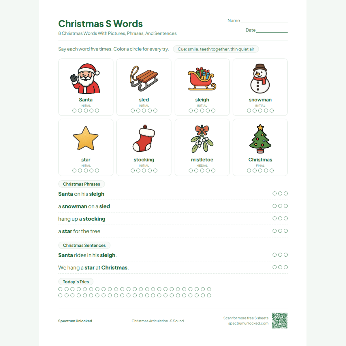 Christmas S words page with Santa, sleigh and stocking pictures, phrases and sentences