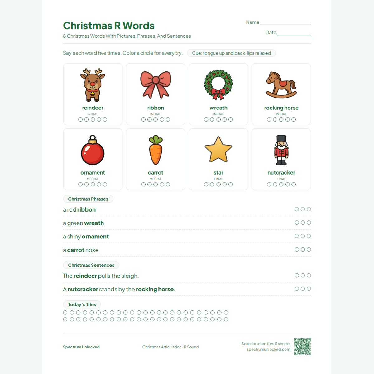 Christmas R words page with reindeer, wreath and ornament pictures