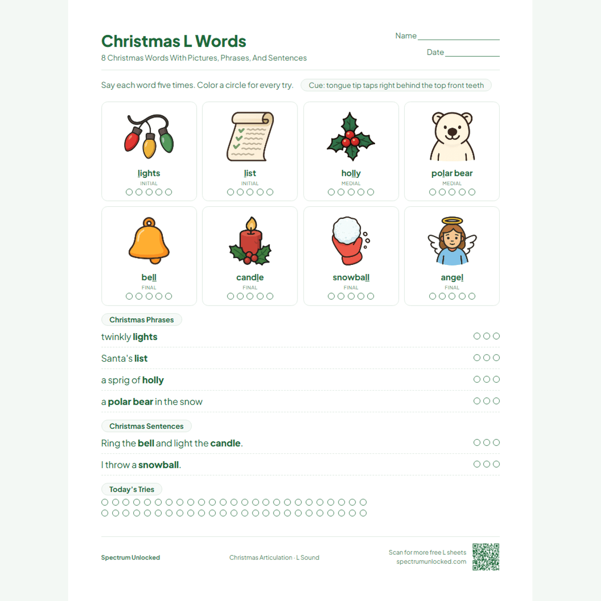 Christmas L words page with lights, holly and bell pictures