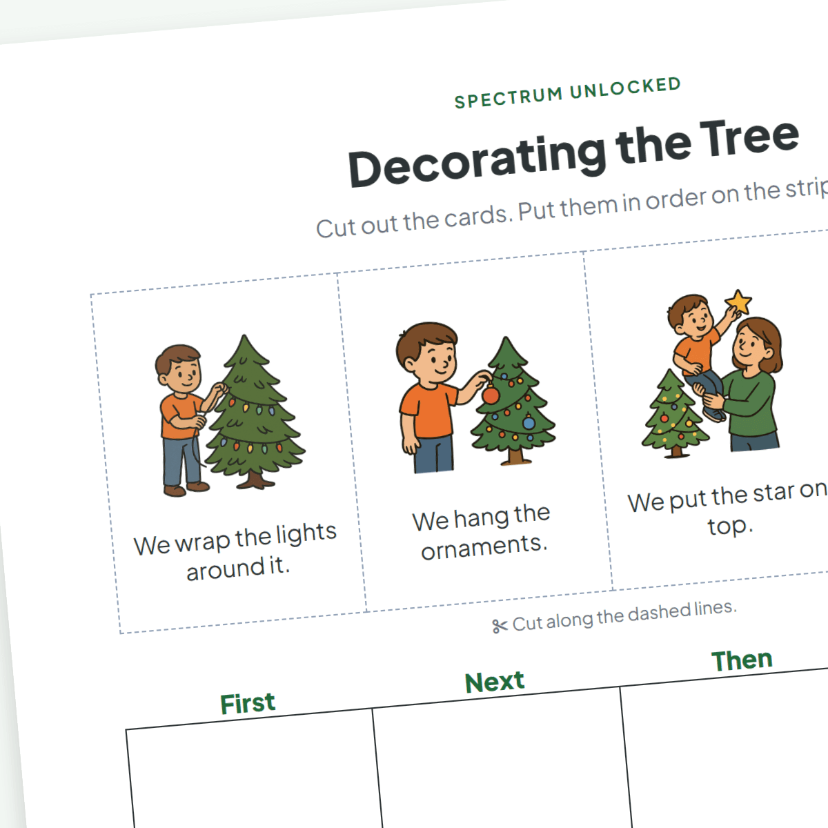 Decorating the Tree sequencing sheet, four mixed-up picture cards above a First, Next, Then, Last strip