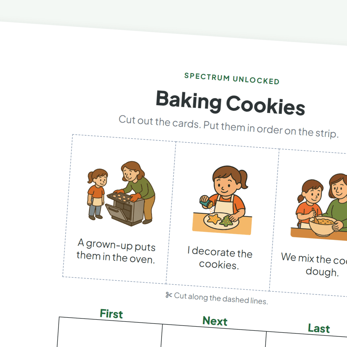 Gentle 3-step Baking Cookies sheet with three picture cards and a First, Next, Last strip