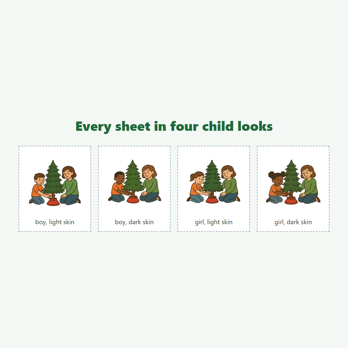 The same picture card in all four child looks: boy, light skin; boy, dark skin; girl, light skin; girl, dark skin