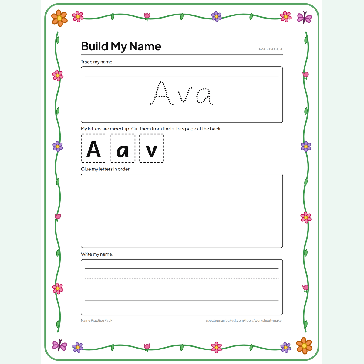 Build my name page: trace the name, cut the mixed-up letters from the back page, glue them in order, then write the name