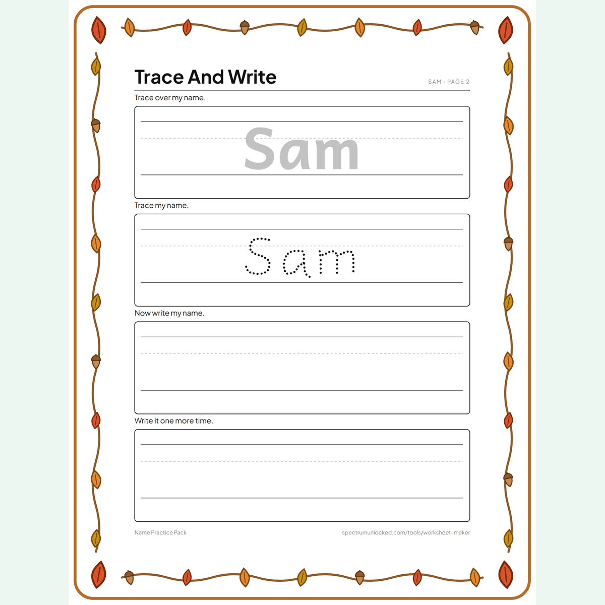 Trace and write page: dotted name rows to trace, then blank rows to write the name unaided