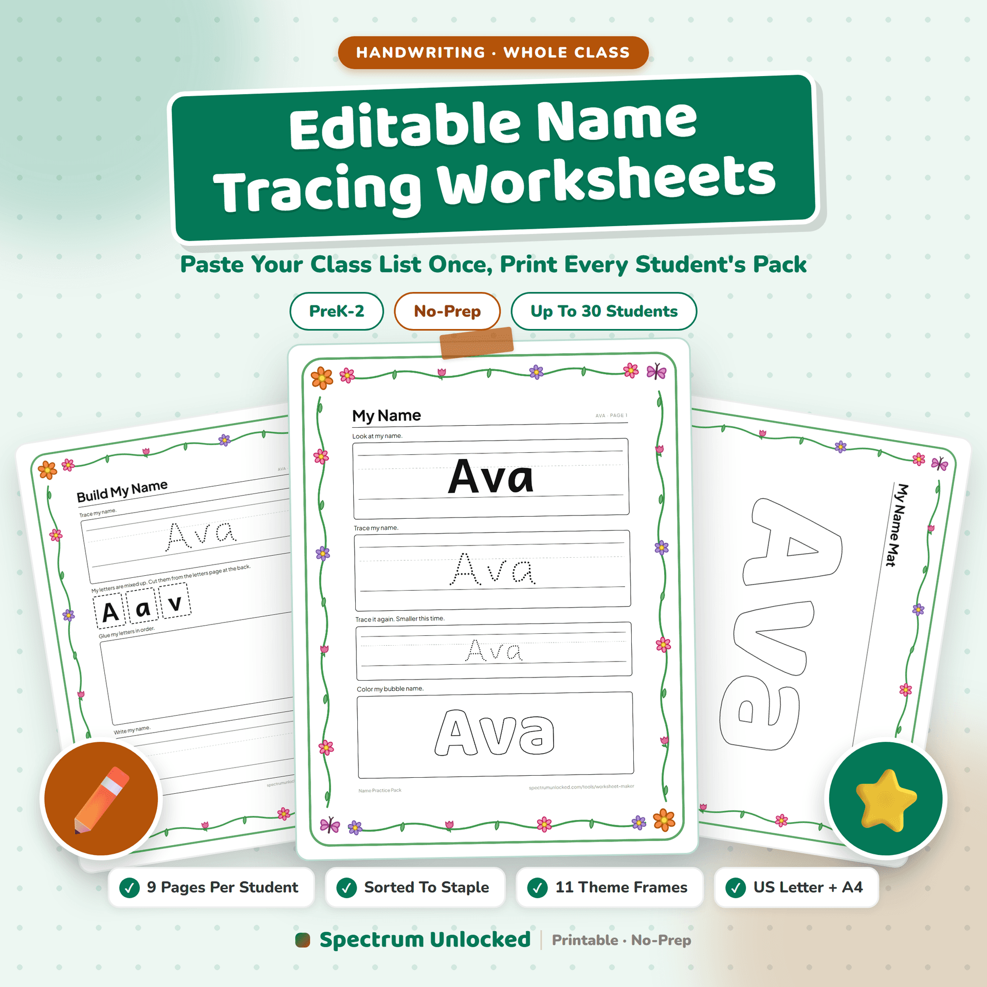 Editable name tracing worksheets pack cover: paste your class list once, print every student's pack