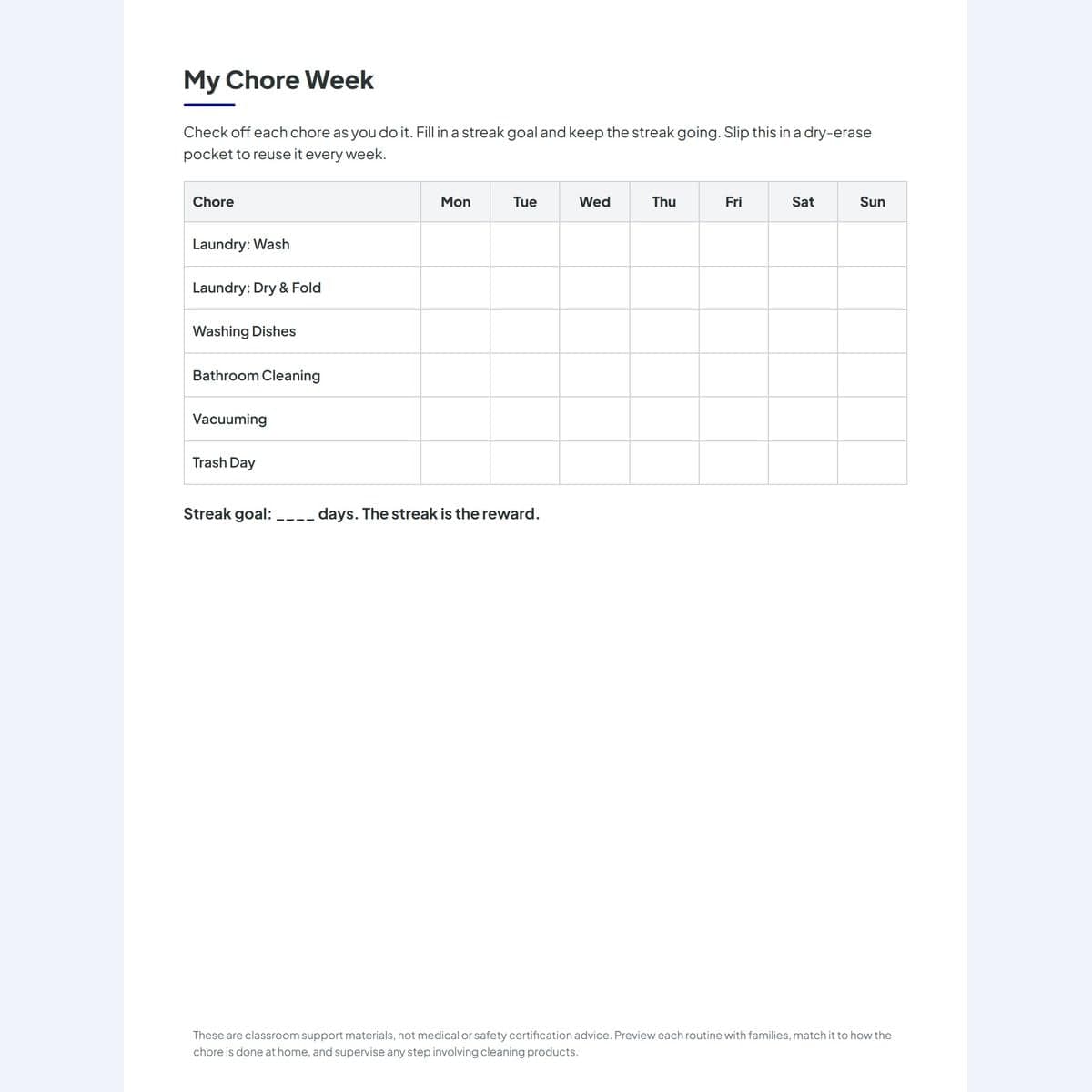 The weekly chore tracker grid with a streak goal, one row per routine across the days of the week