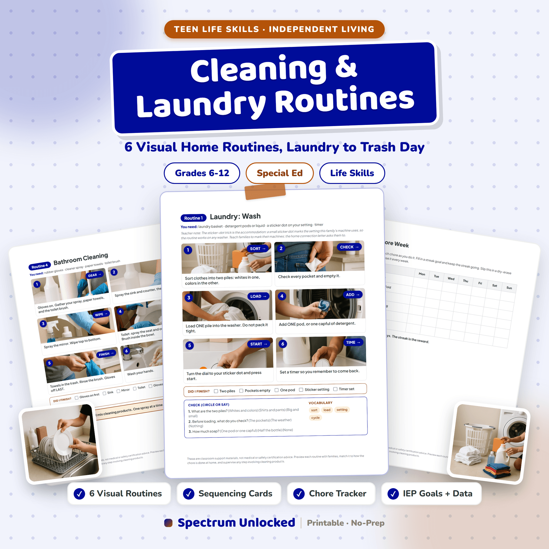 Cleaning and Laundry Life Skills Visual Routines cover: six step-by-step home routines for teens
