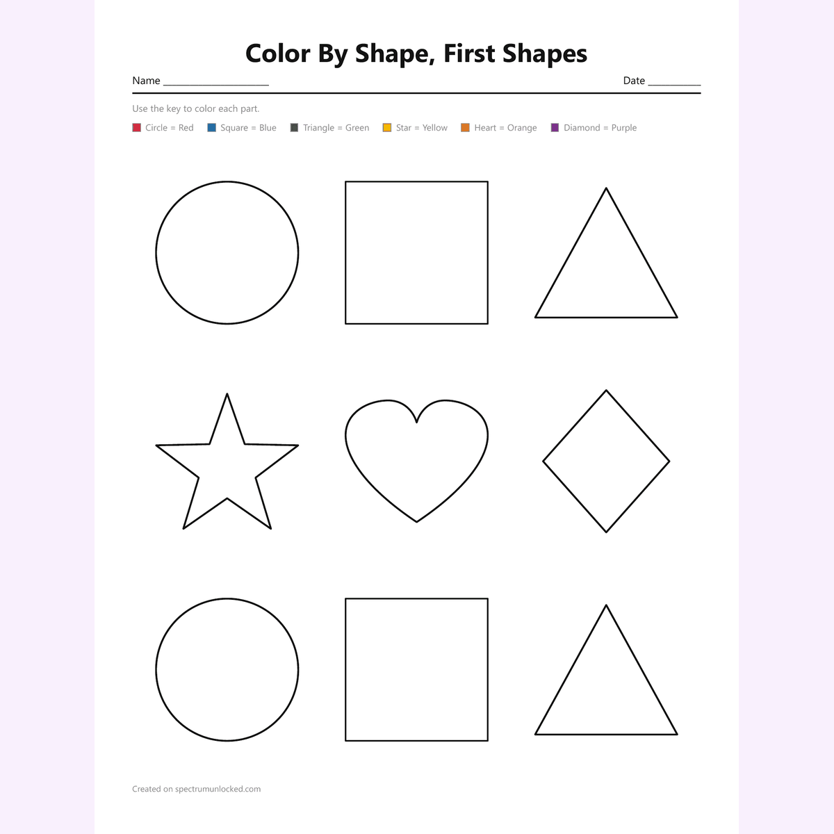 Color by shape page with a six-pair printed key