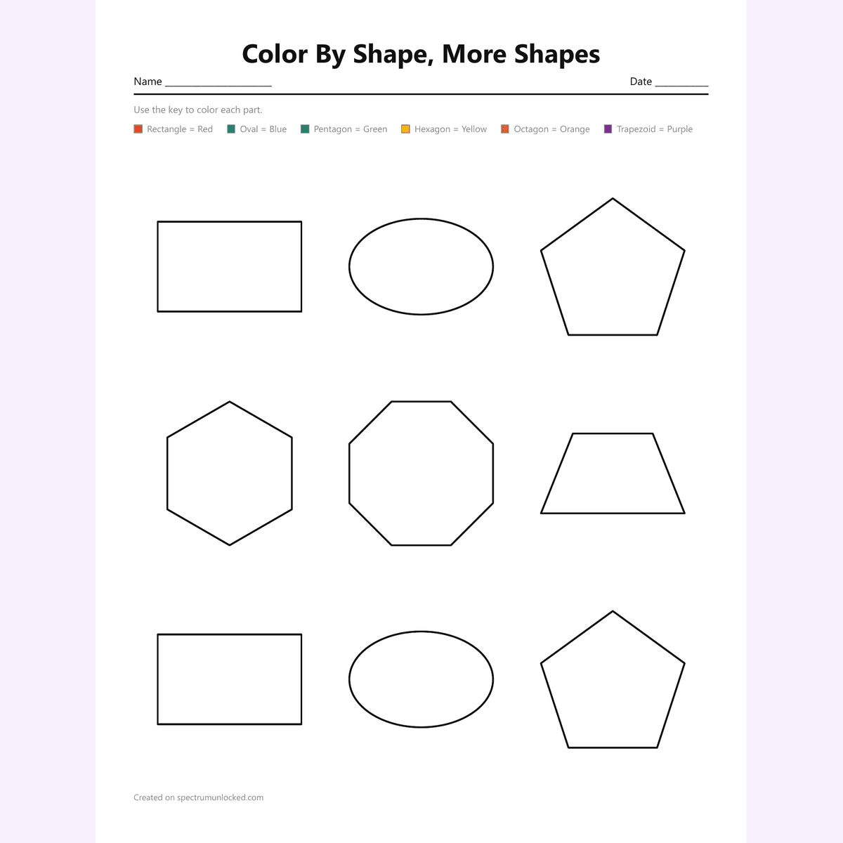 Second color by shape page with six more shapes