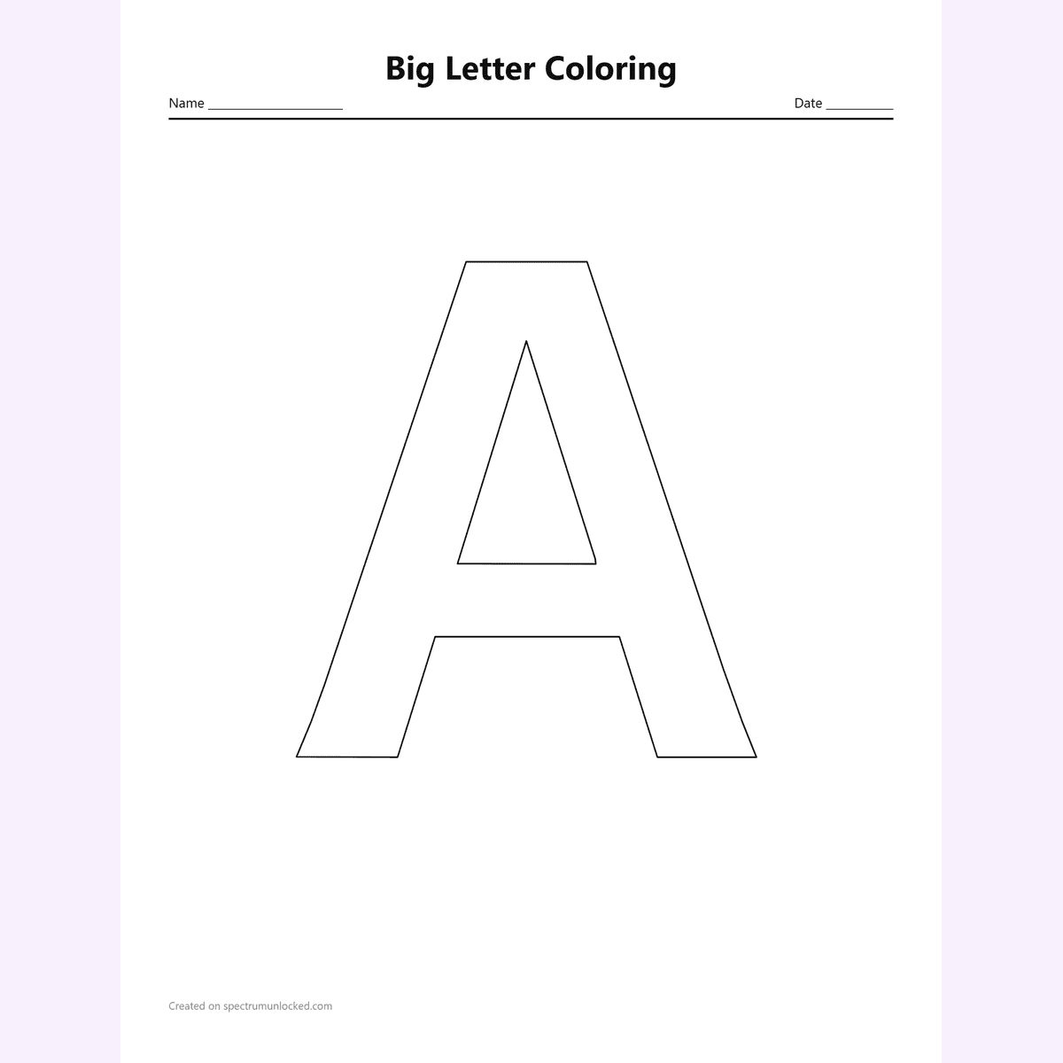 Big letter coloring page with one giant A filling the sheet