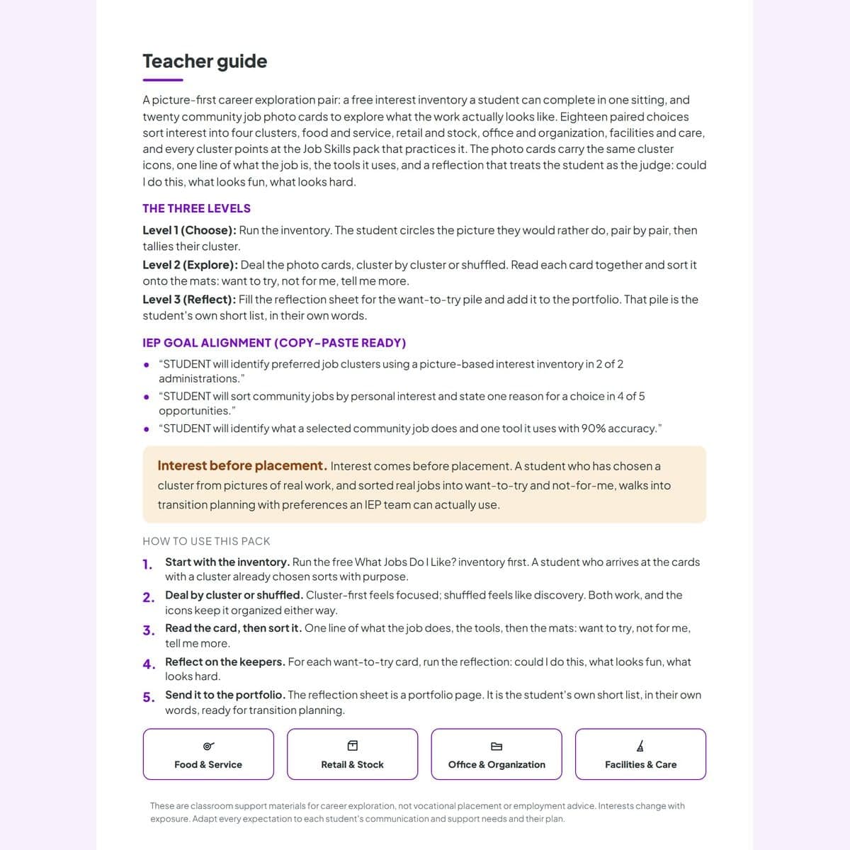 The teacher guide page with the four career clusters and copy-paste IEP goals
