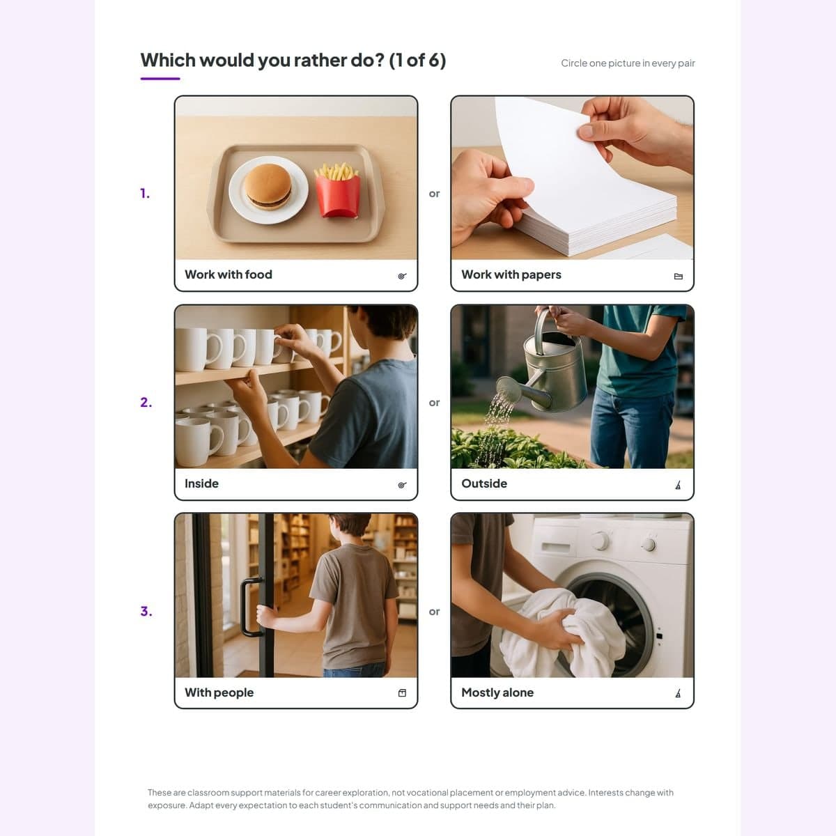 A page of which-would-you-rather-do picture pairs with cluster icons