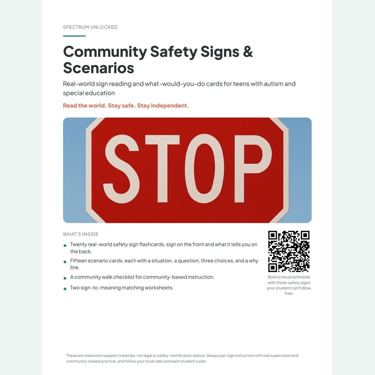 Community Safety Signs and Scenarios cover with a real red STOP sign and the pack title
