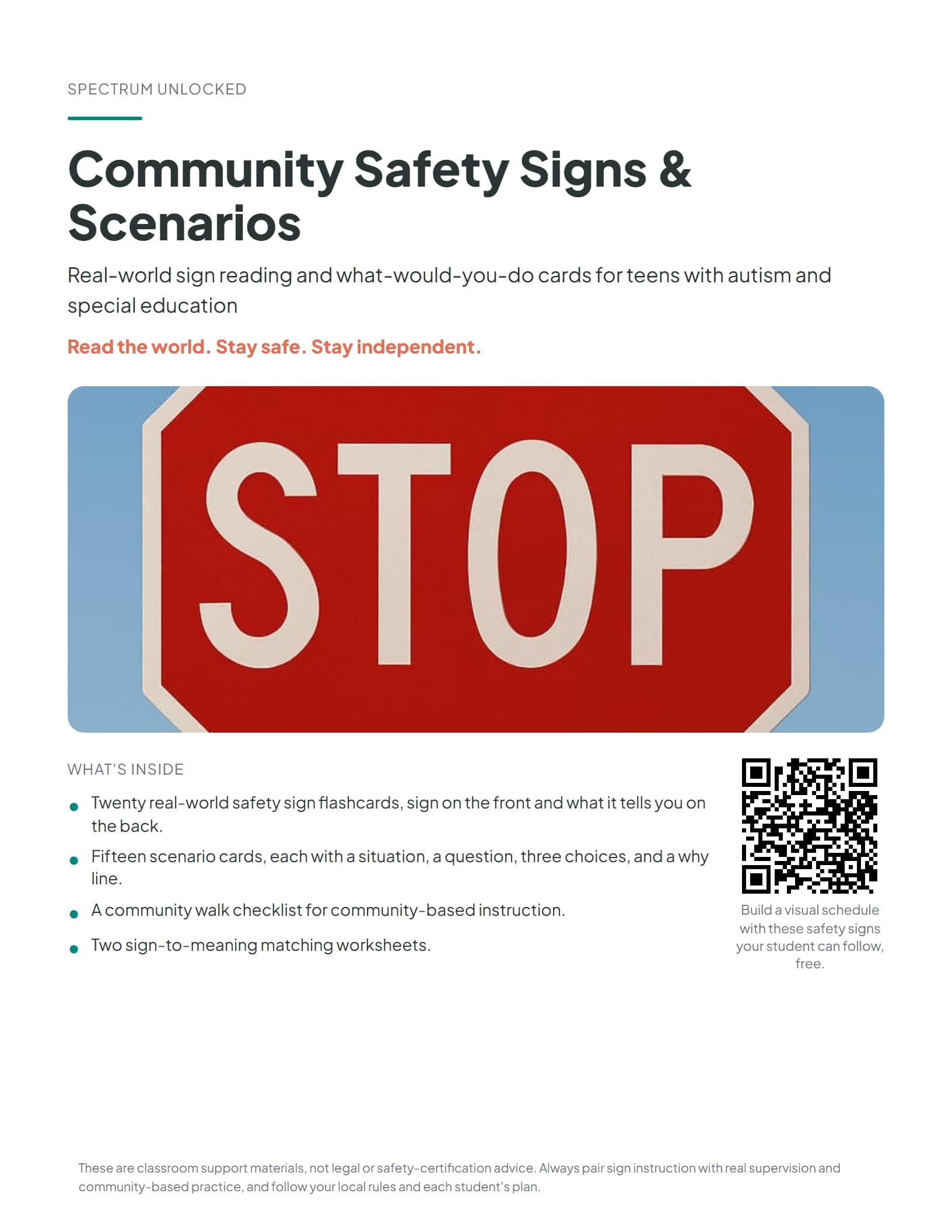 Community Safety Signs and Scenarios cover with a real red STOP sign and the pack title