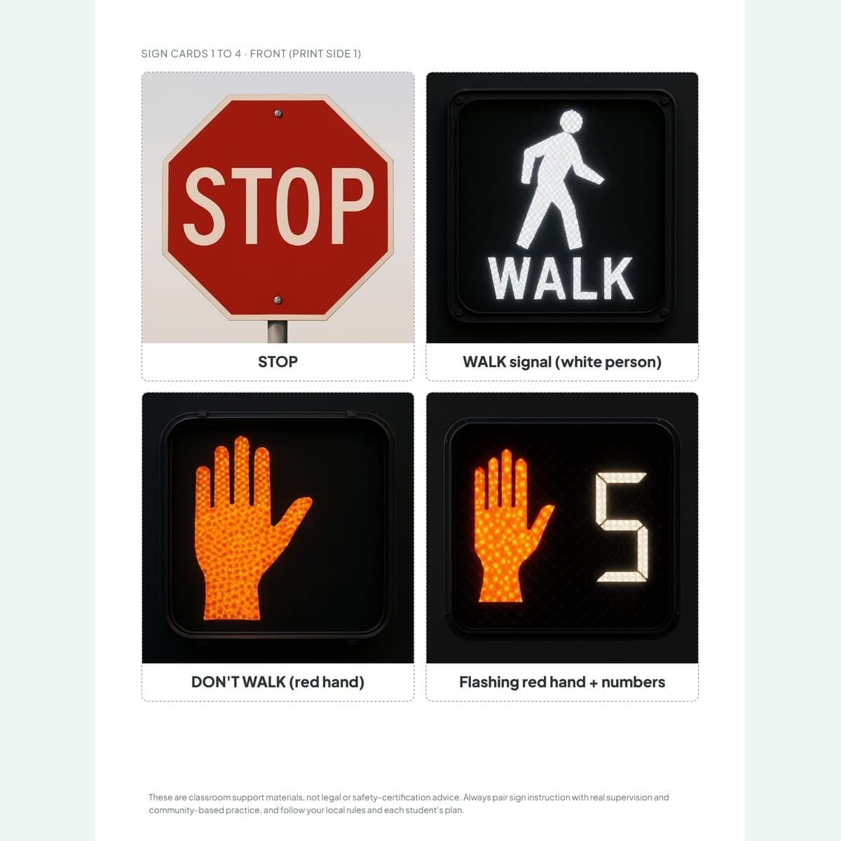 Cut-apart safety sign flashcards from the free community safety sample