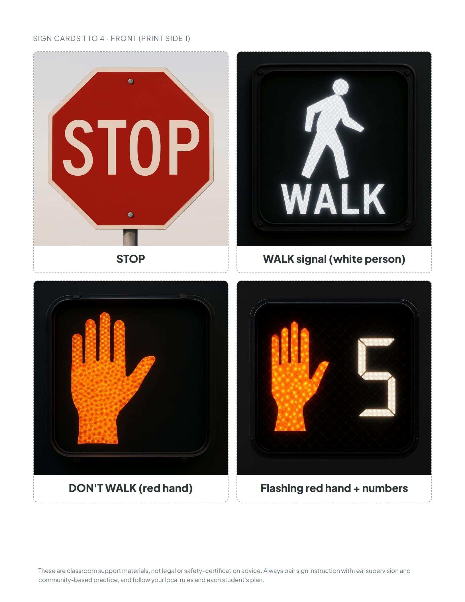 Cut-apart safety sign flashcards from the free community safety sample