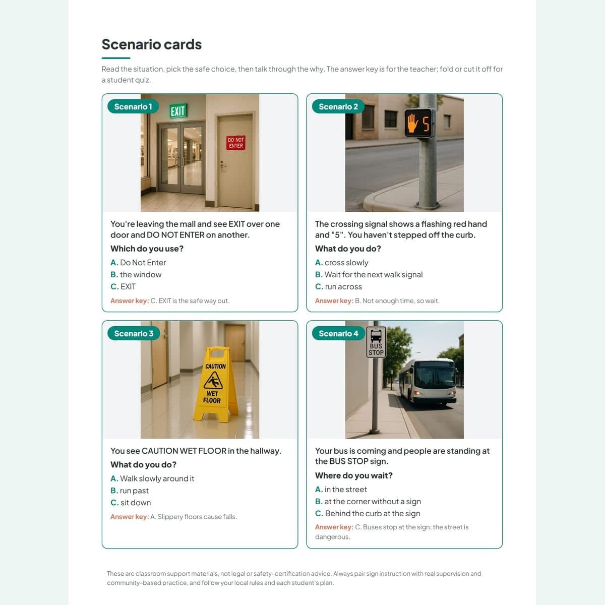 A what-would-you-do scenario card with a photo, a situation, three choices, and a why line