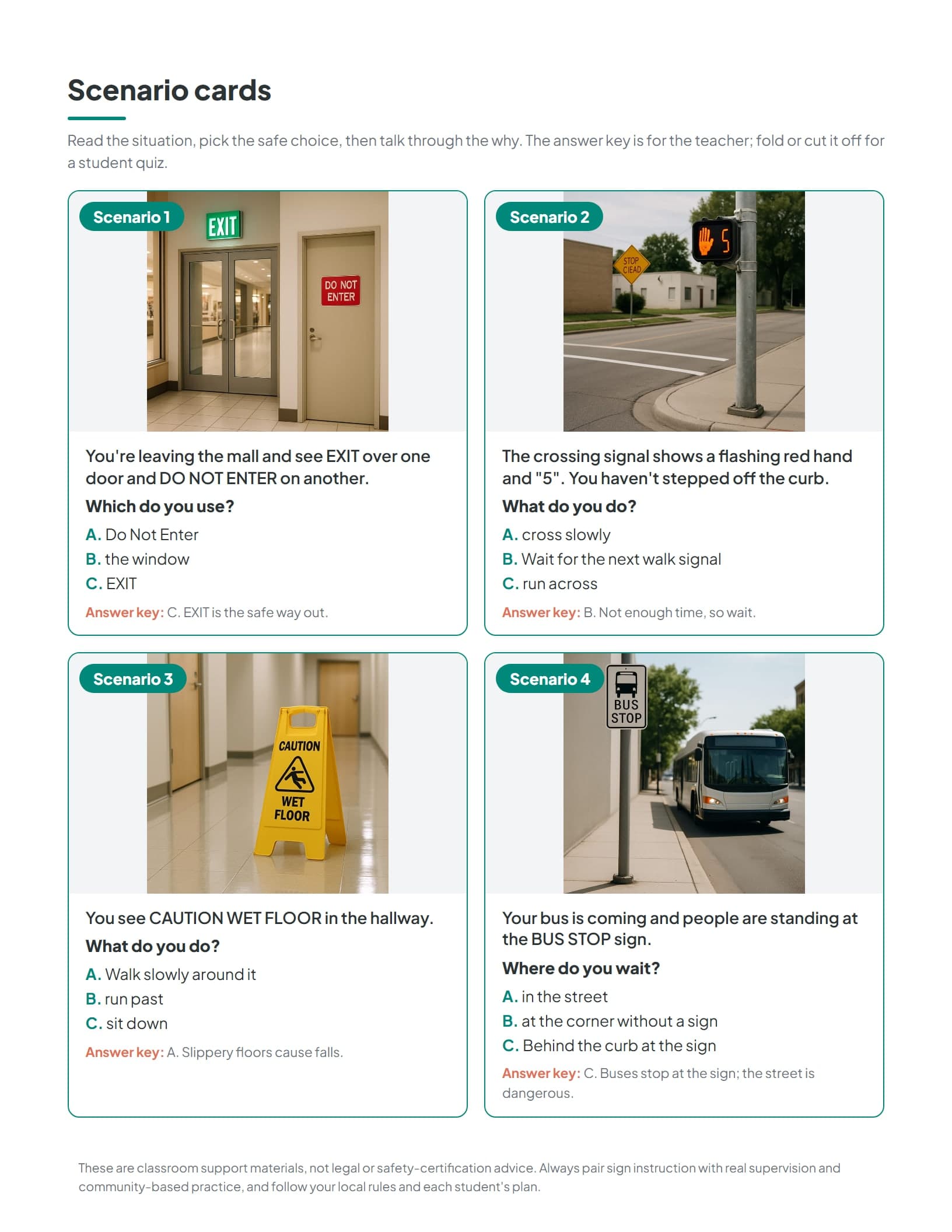 A what-would-you-do scenario card with a photo, a situation, three choices, and a why line