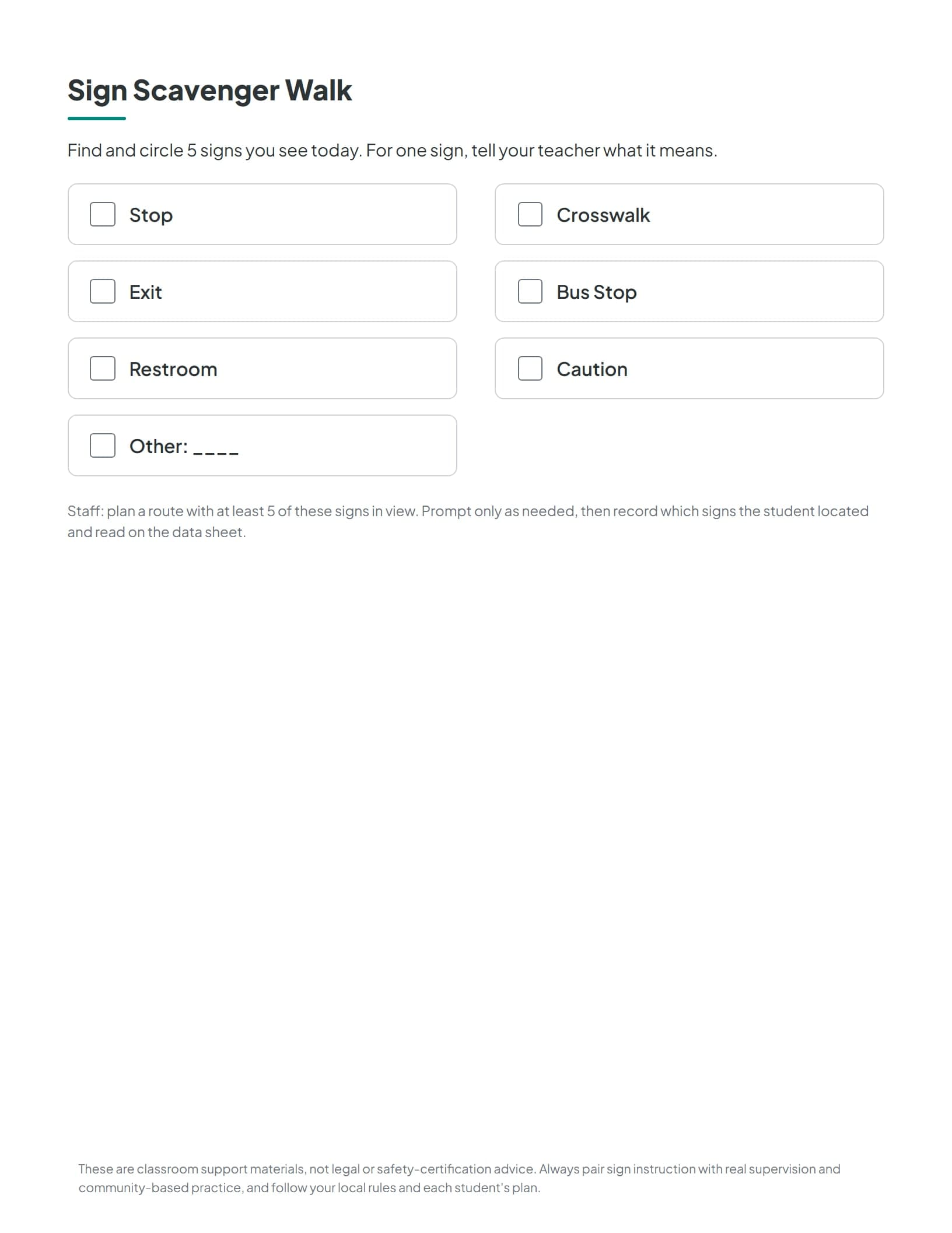 The community walk checklist for finding and reading signs during community-based instruction