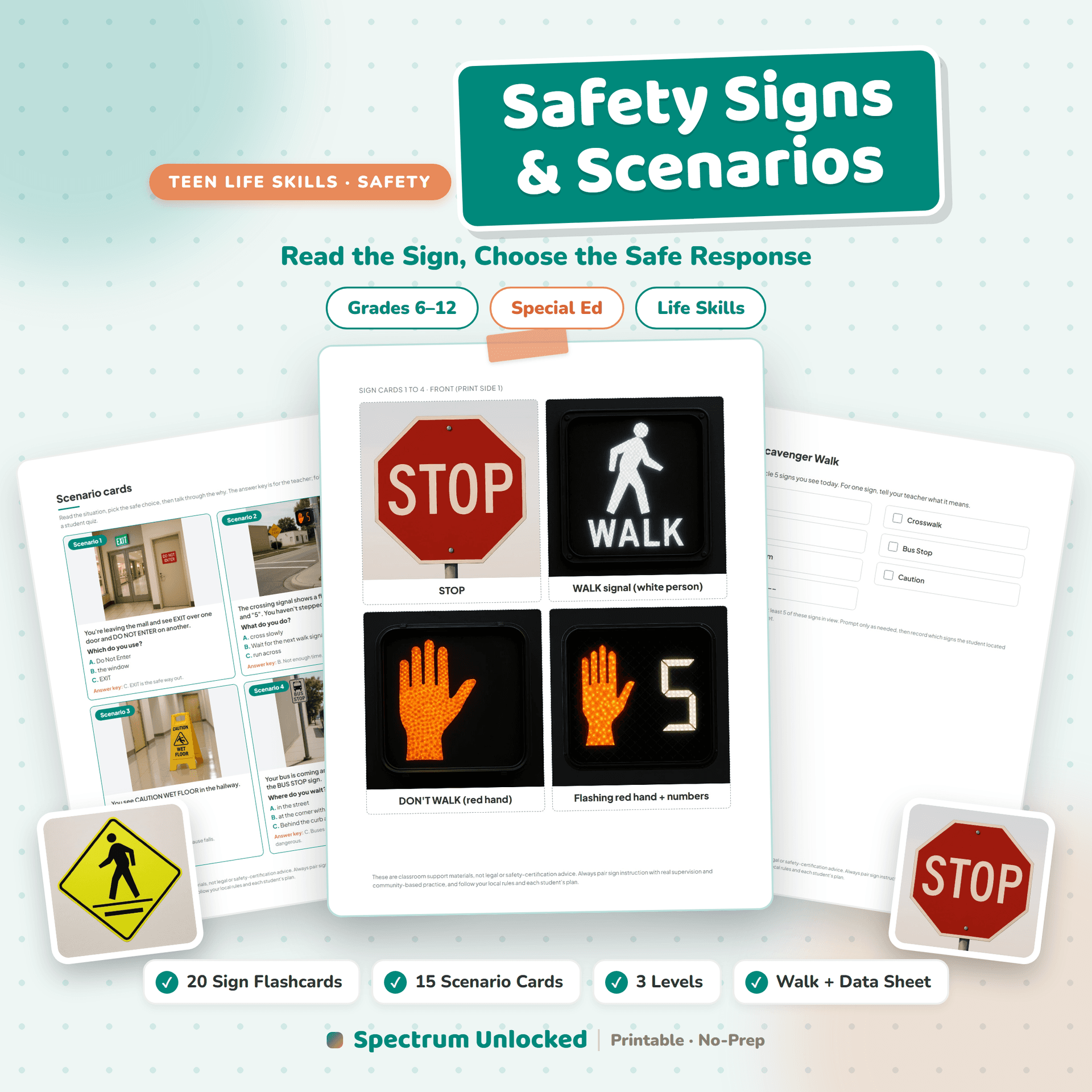 Safety Signs and Scenarios cover, read the sign and choose the safe response, with thirty sign flashcards and fifteen scenario cards