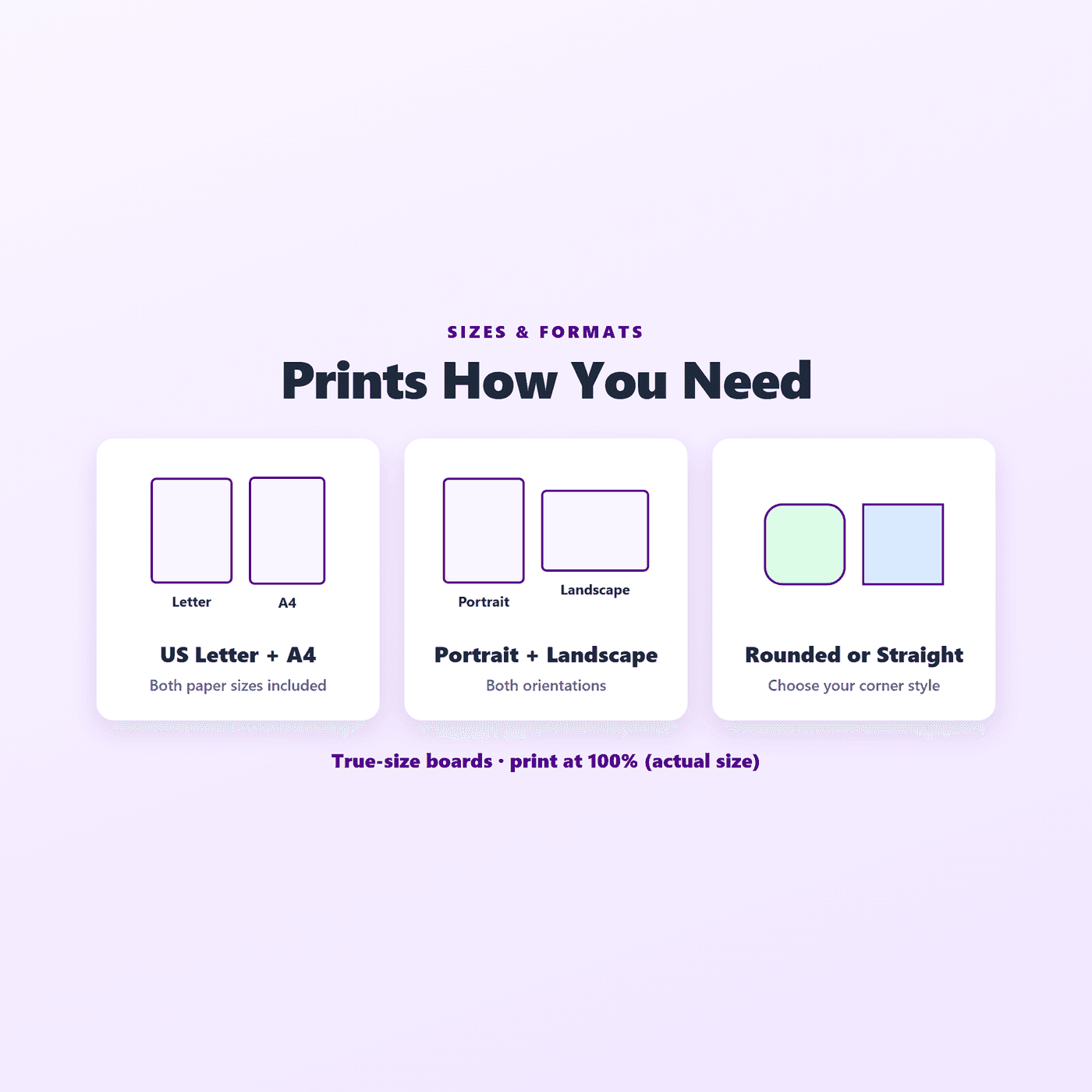 US Letter and A4 sizes, portrait and landscape orientations, and rounded or straight corners included in the Core Board Pack