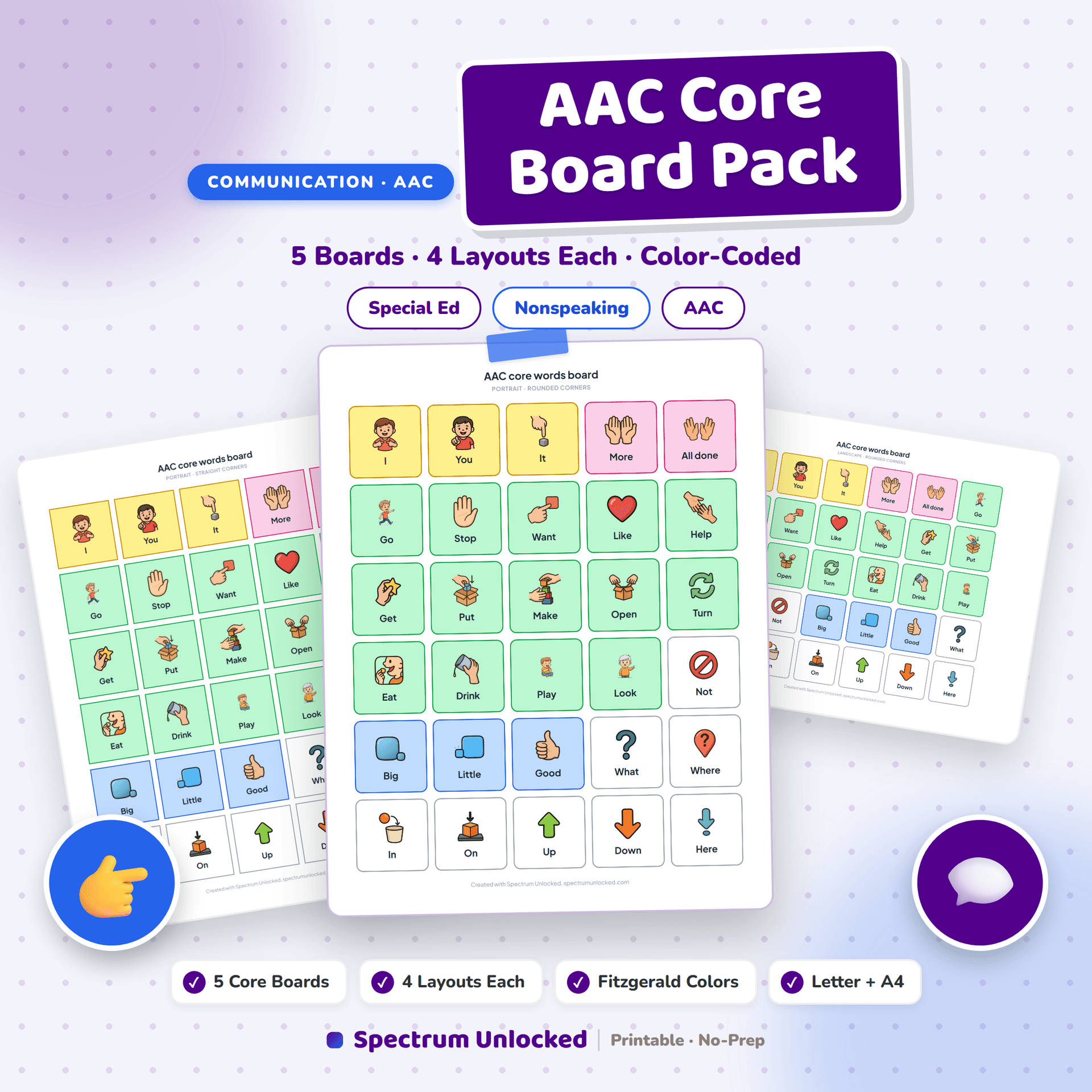 AAC Core Board Pack cover showing a color-coded core word board with high-frequency words like want, stop, more, go and help