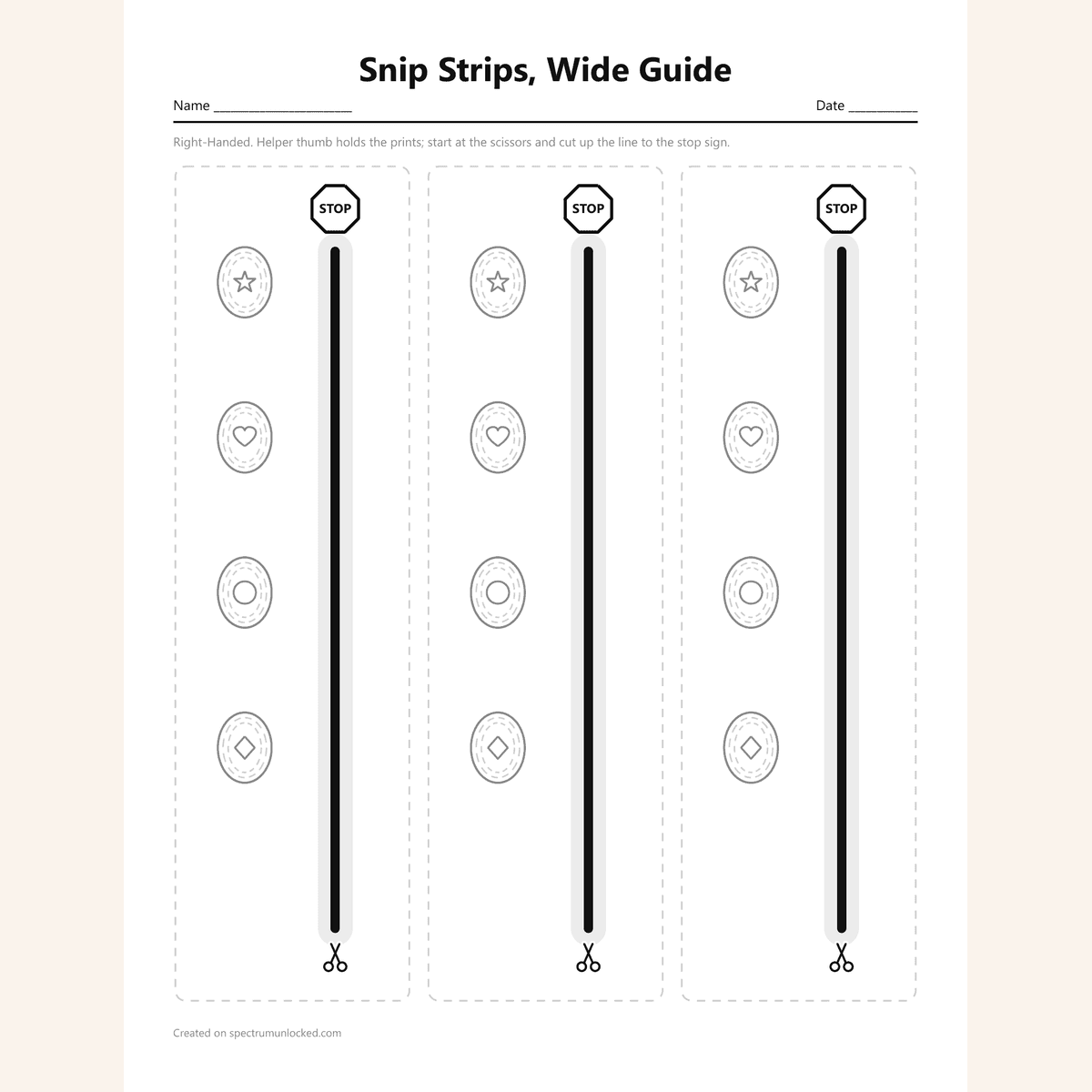 Snip strips with helper thumb prompts and stop signs