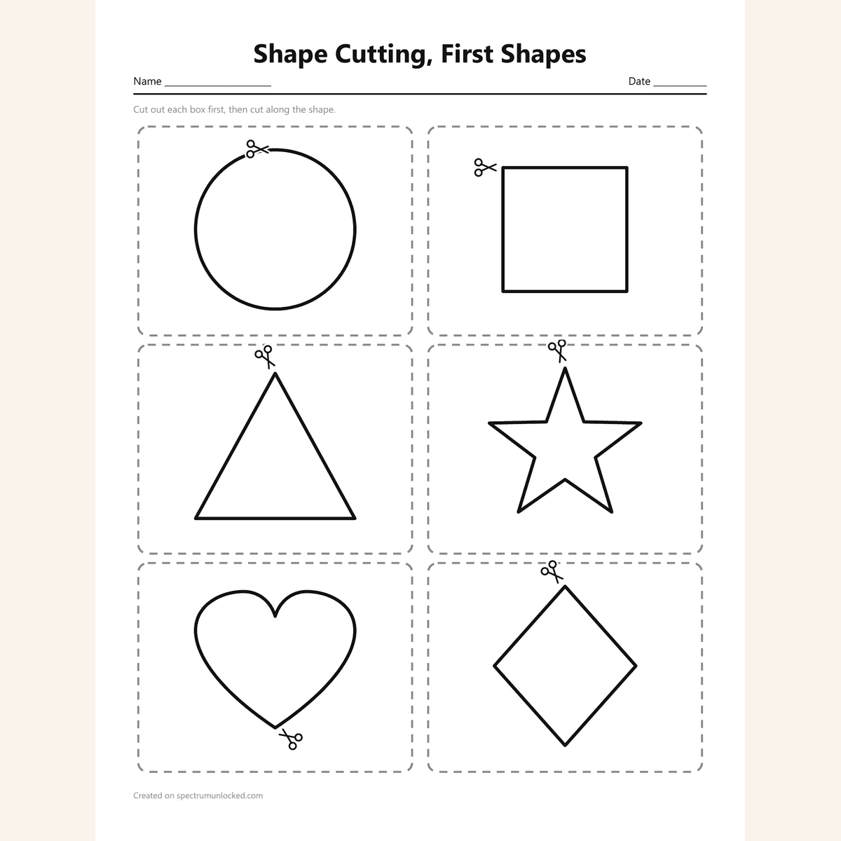 Shape cut-out sheet with dashed rough-cut boundaries