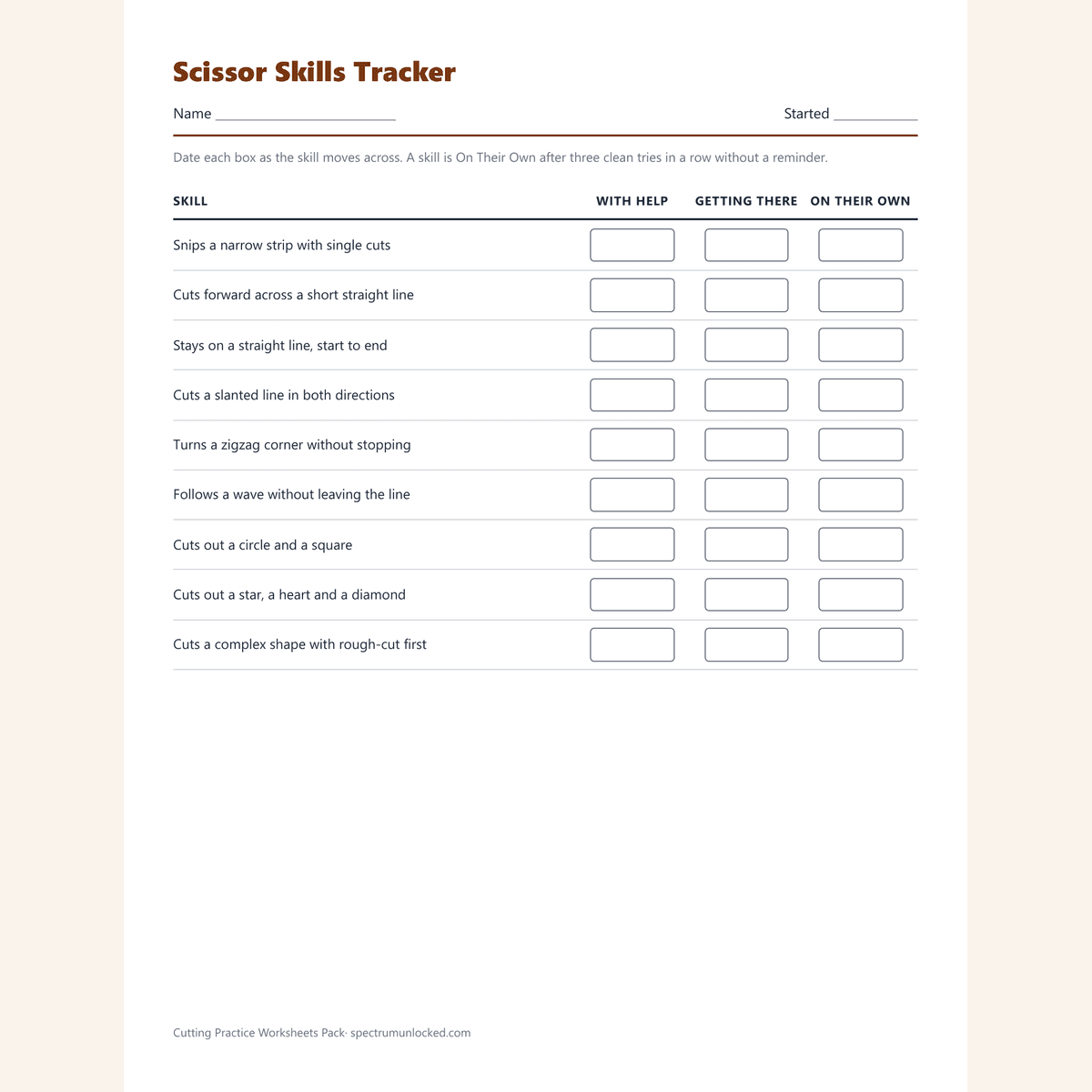 Scissor skills tracker page