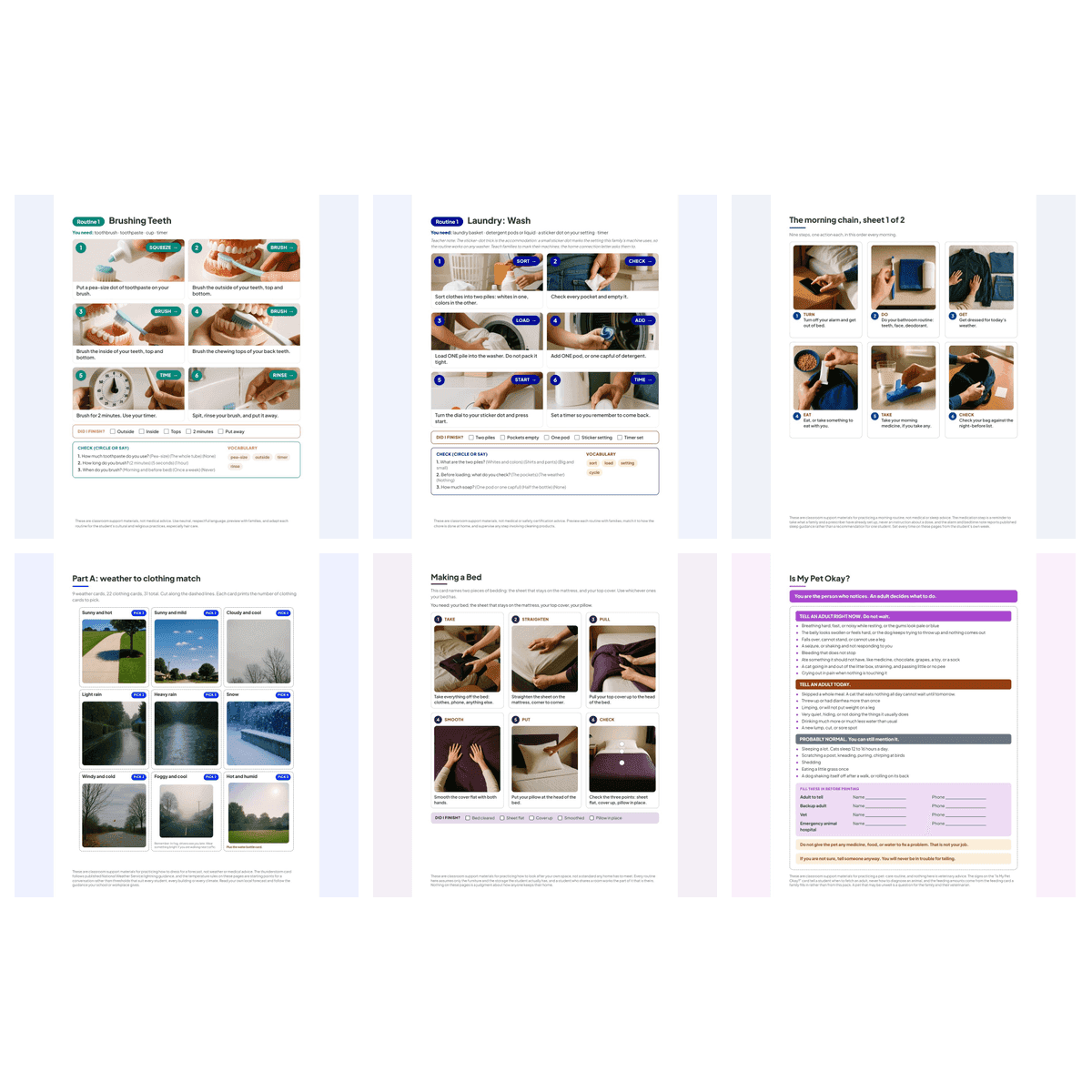 The six packs in the Daily Living Routines Bundle shown three by two: a tooth-brushing routine, a laundry routine, the morning chain, the weather cards, the bed-making chain and the Is My Pet Okay card